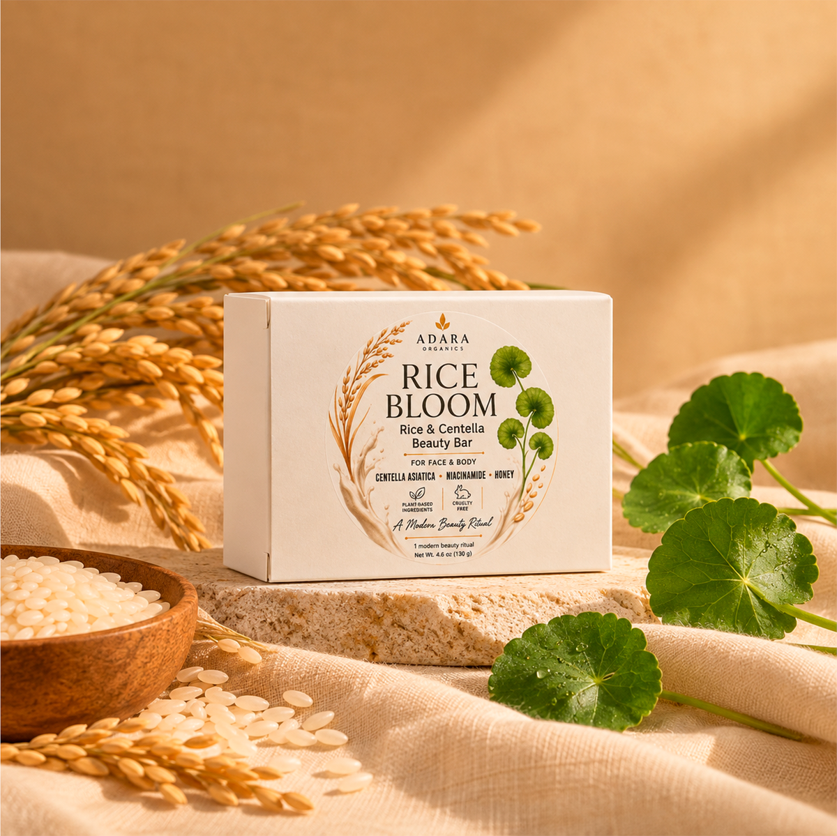 Adara Organics Rice Bloom Face & Body Beauty Bar for Gentle Daily Cleansing